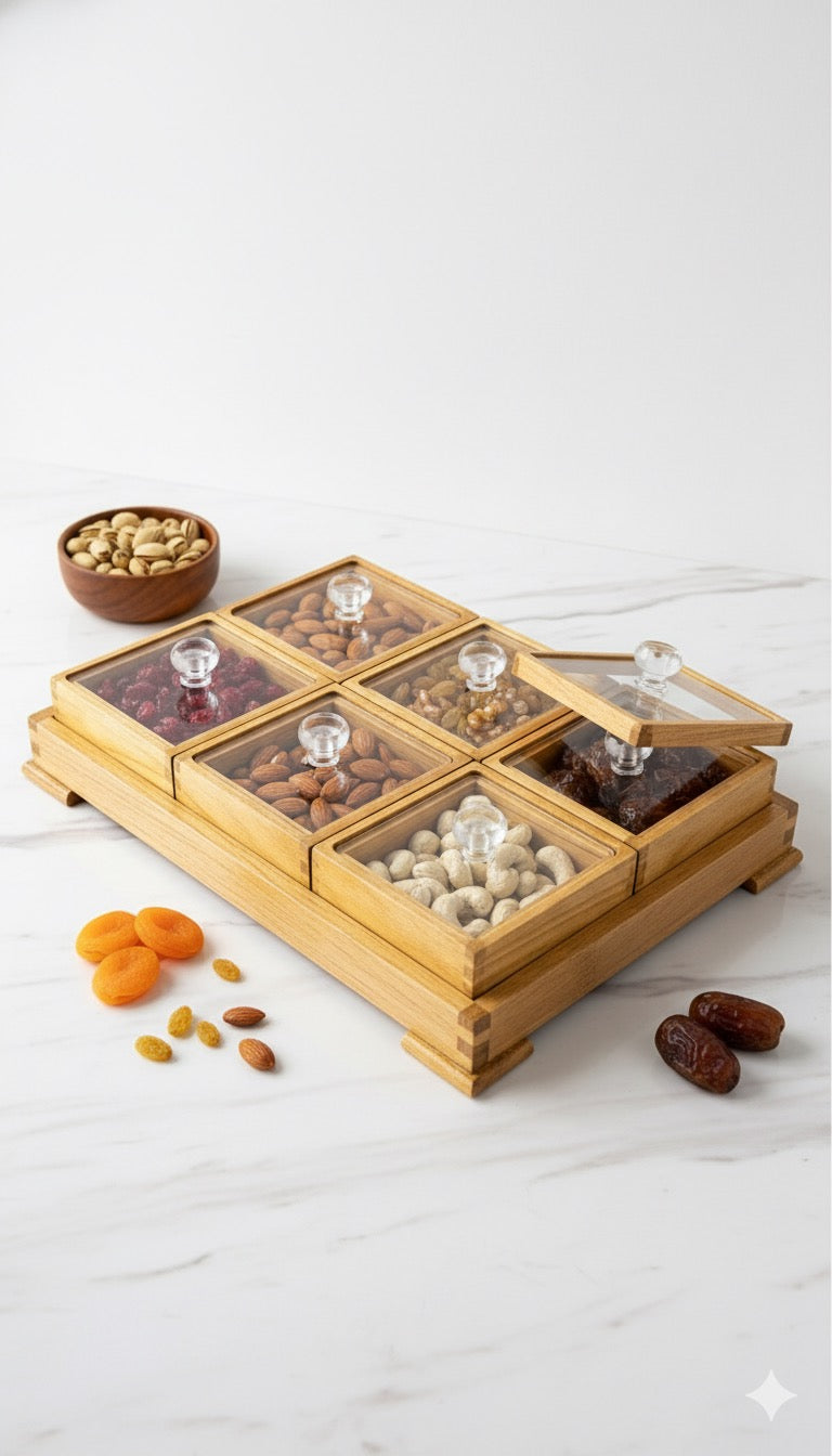Elegant Wooden Dry Fruit Box with Glass Lids – 6 Compartment Organizer