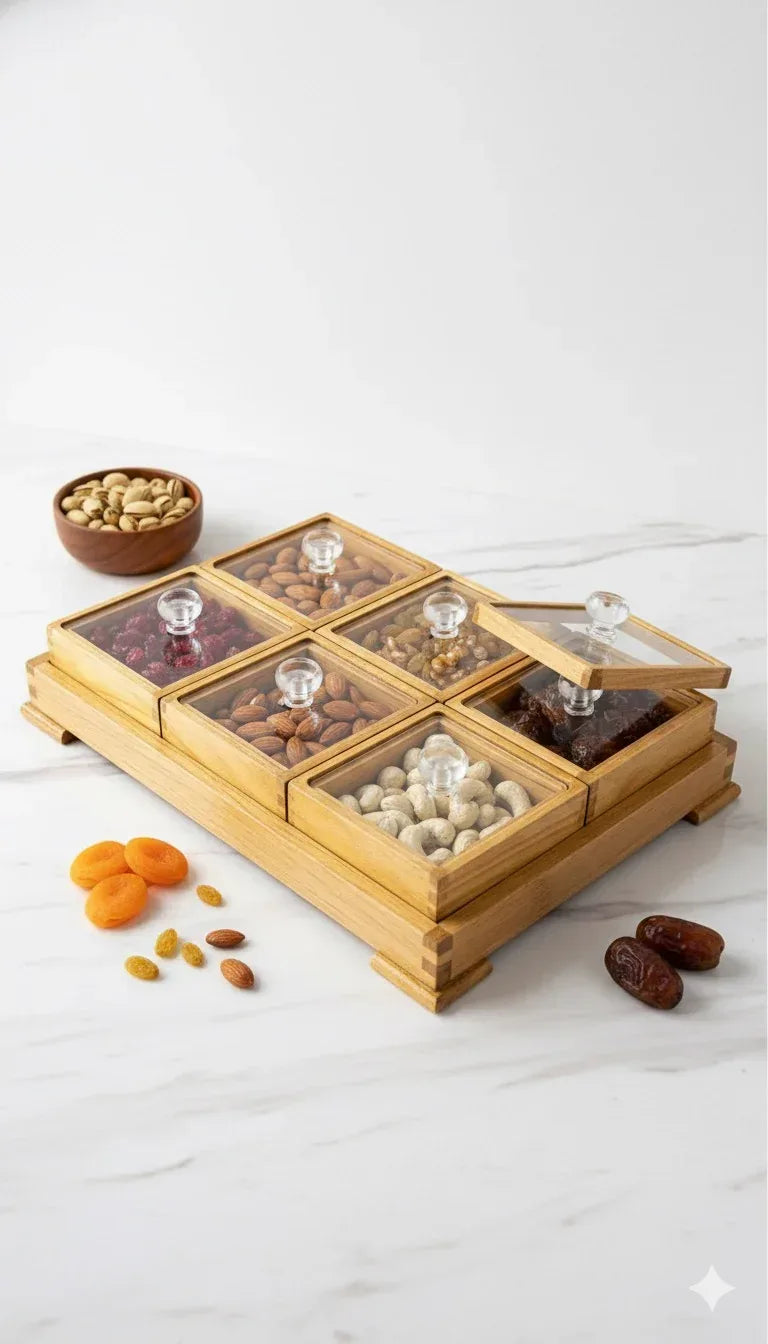 Elegant Wooden Dry Fruit Box with Glass Lids – 6 Compartment Organizer - Gharaana