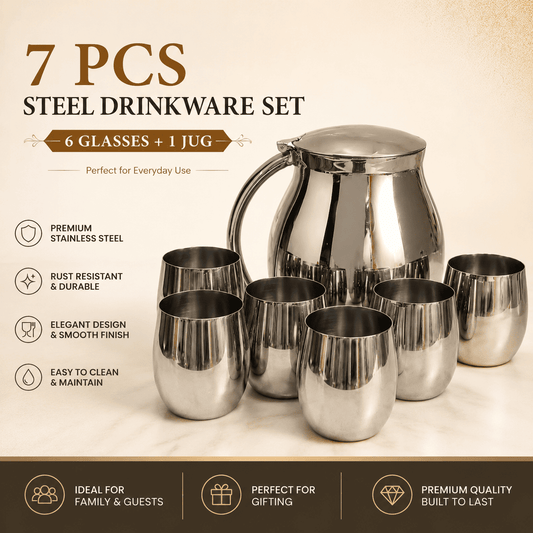 7 PC Set Steel Jug And 6 Glass